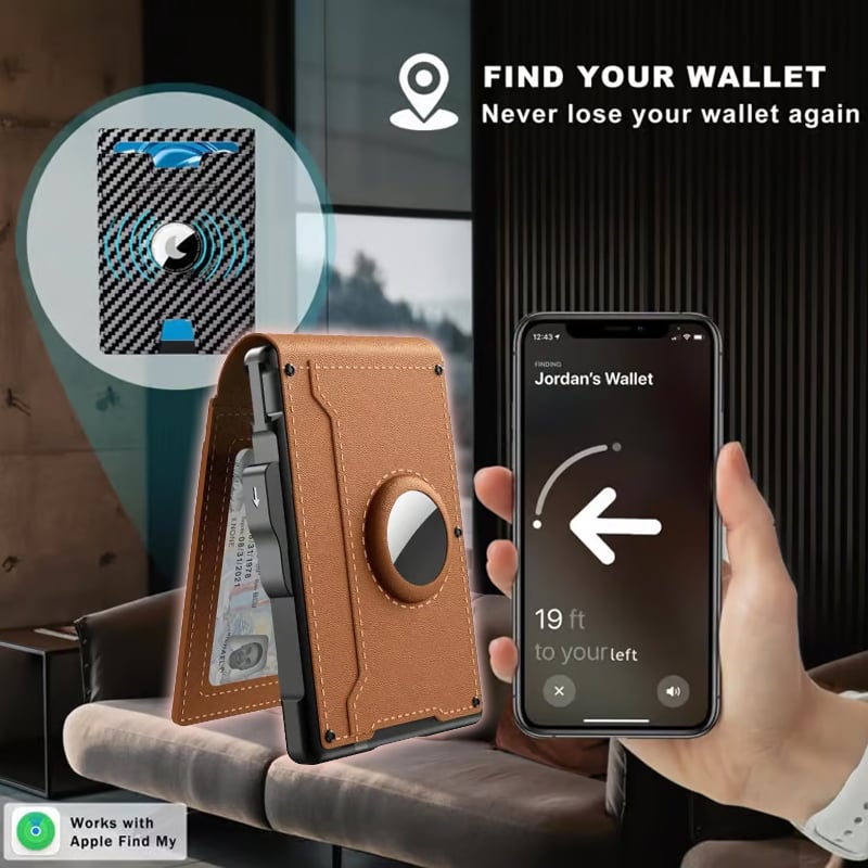 🎁Peněženka AirTag pro muže – odklápěcí hliníkové pouzdro, spona na peníze, úzké kožené přihrádky, pouzdro na kreditní karty, blokování RFID, minimalistická skládací peněženka