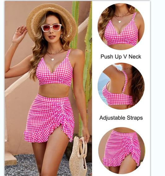 🔥👙Bikiny s vysokým pasem pro ženy, regulací bříška a kostkovaným vzorem💖