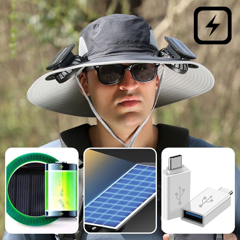 Pánský rybářský klobouk se 2 odnímatelnými solárními ventilátory