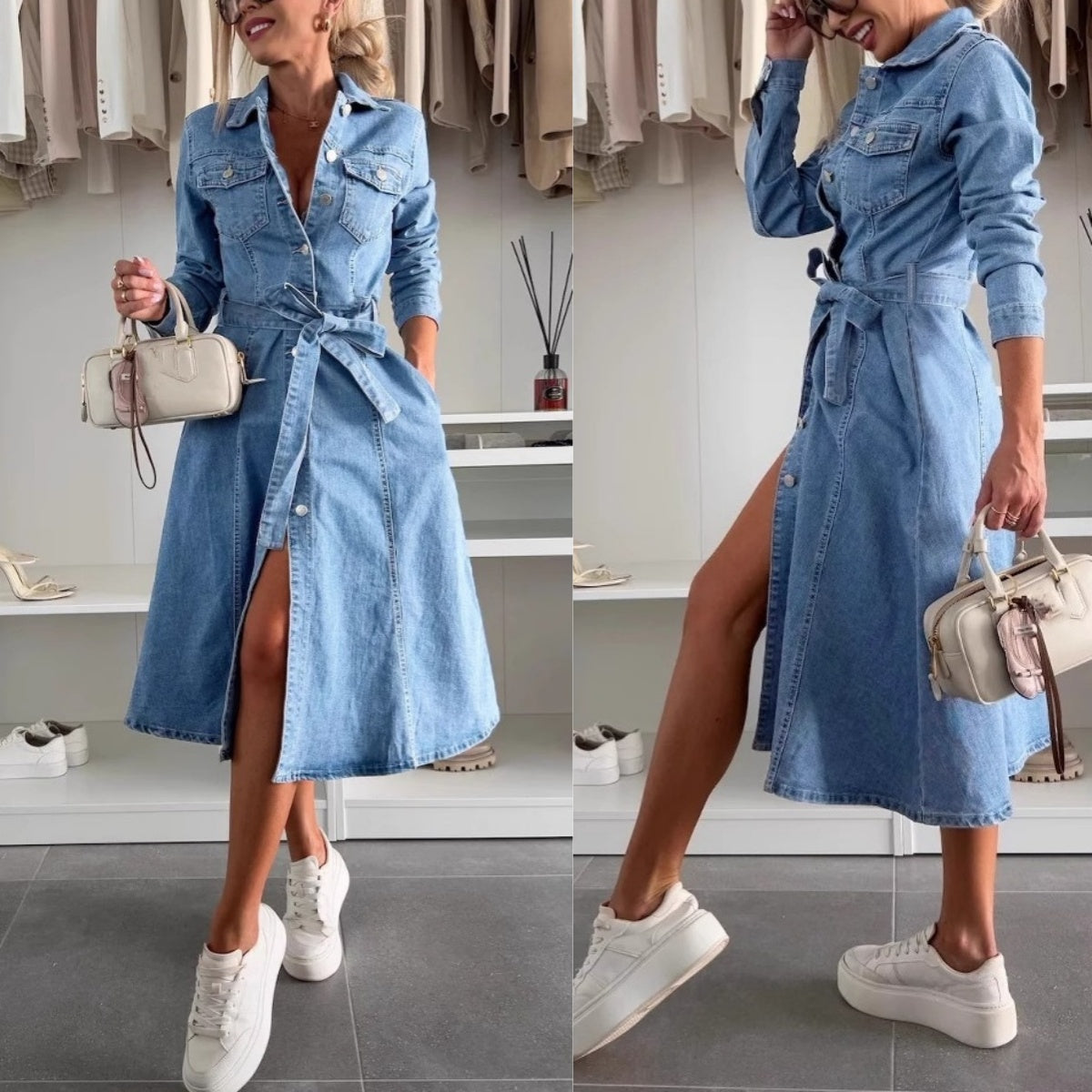 ✨Dámské džínové šaty s dlouhými rukávy na knoflíky👗