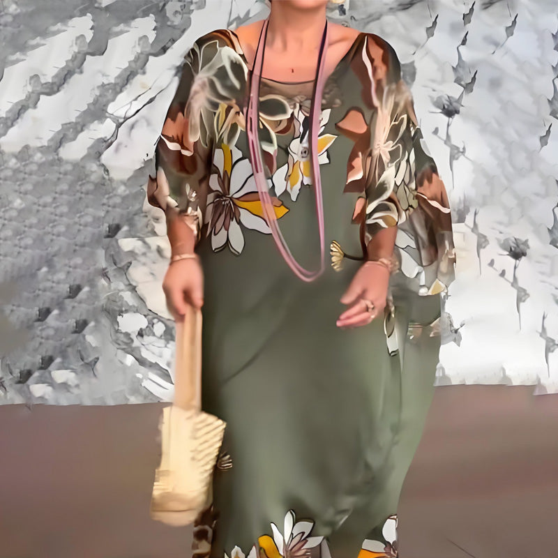 Elegantní dlouhé šifonové šaty s potiskem a výstřihem do V