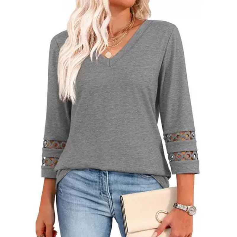 🌺[S-3XL]👚✨ Klasický jednobarevný top s výstřihem do V a 3/4 rukávy