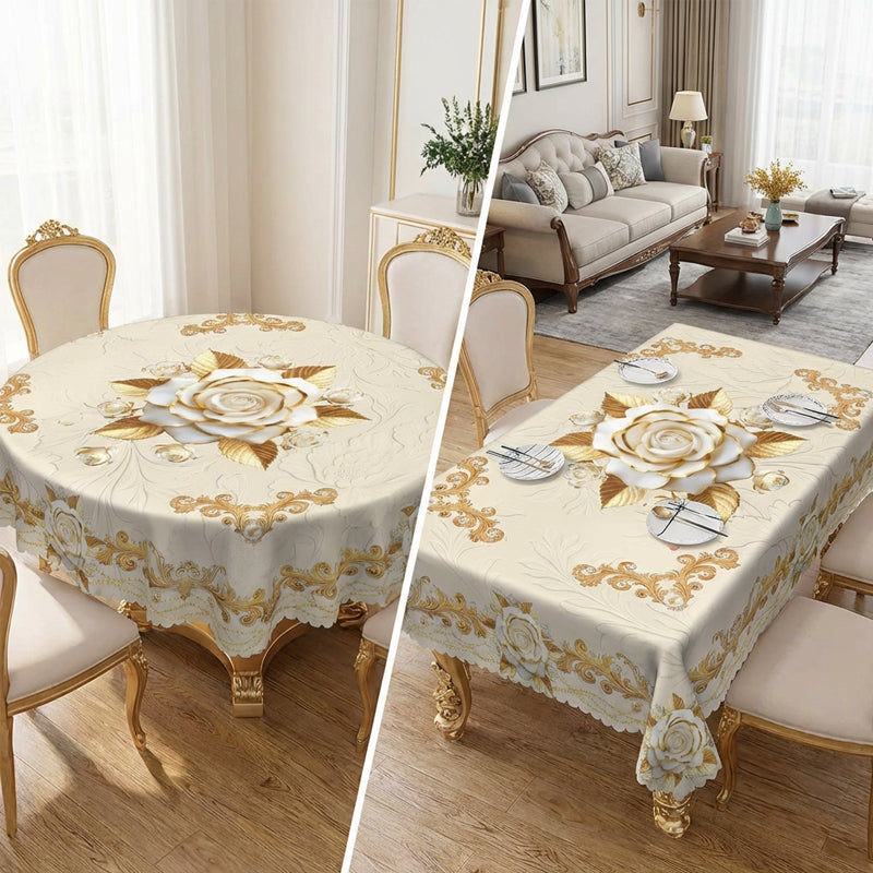 Luxusní evropský ubrus - pozlacené růže, reliéfní vzor, vodotěsný, elegantní dekorace do obývacího pokoje