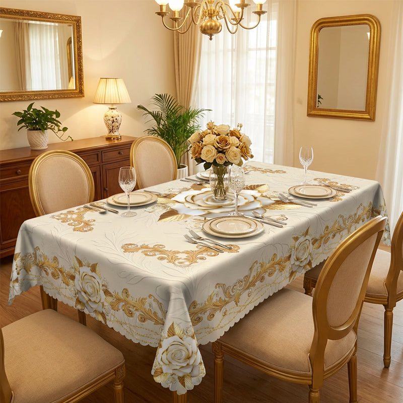 Luxusní evropský ubrus - pozlacené růže, reliéfní vzor, vodotěsný, elegantní dekorace do obývacího pokoje