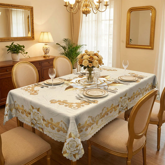 Luxusní evropský ubrus - pozlacené růže, reliéfní vzor, vodotěsný, elegantní dekorace do obývacího pokoje