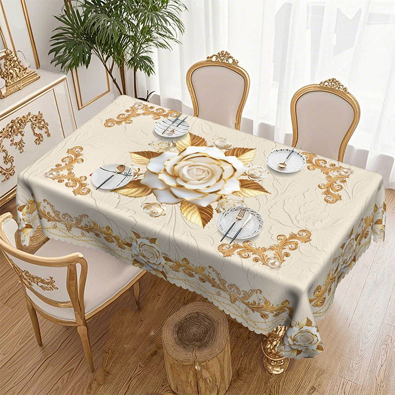 Luxusní evropský ubrus - pozlacené růže, reliéfní vzor, vodotěsný, elegantní dekorace do obývacího pokoje