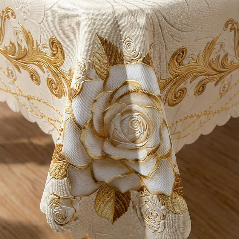 Luxusní evropský ubrus - pozlacené růže, reliéfní vzor, vodotěsný, elegantní dekorace do obývacího pokoje