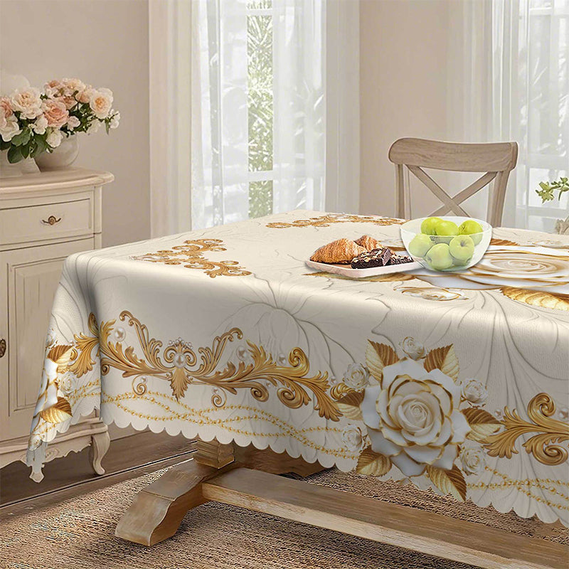 Luxusní evropský ubrus - pozlacené růže, reliéfní vzor, vodotěsný, elegantní dekorace do obývacího pokoje