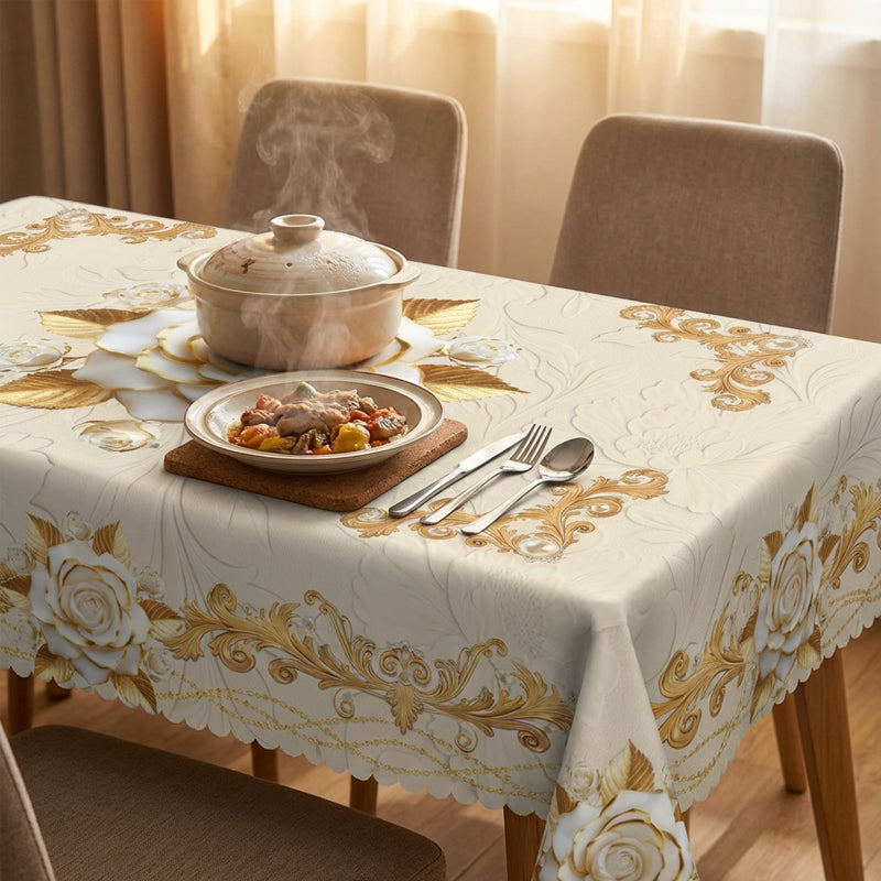 Luxusní evropský ubrus - pozlacené růže, reliéfní vzor, vodotěsný, elegantní dekorace do obývacího pokoje