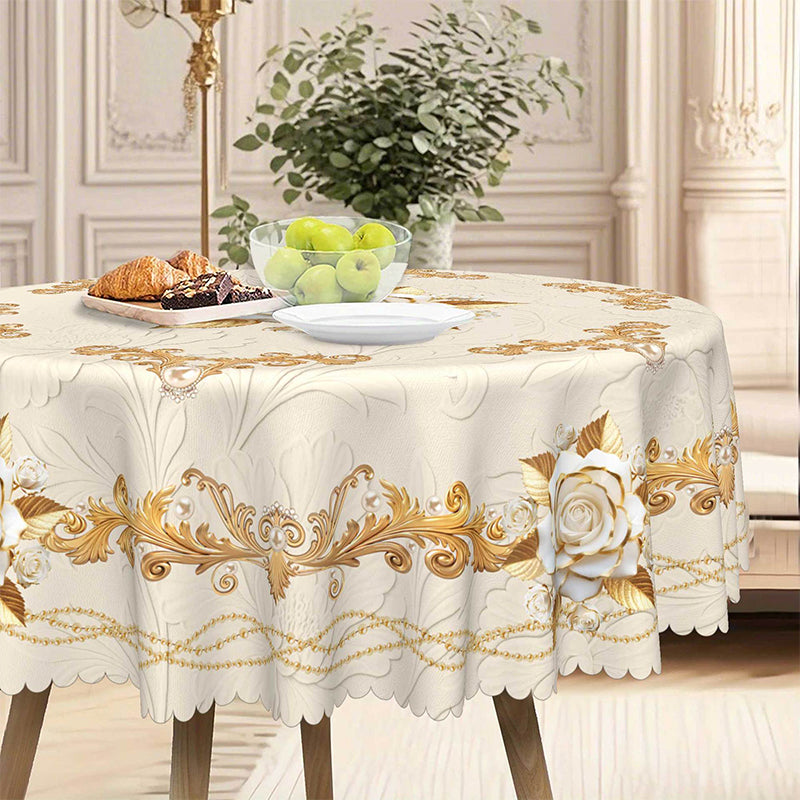 Luxusní evropský ubrus - pozlacené růže, reliéfní vzor, vodotěsný, elegantní dekorace do obývacího pokoje