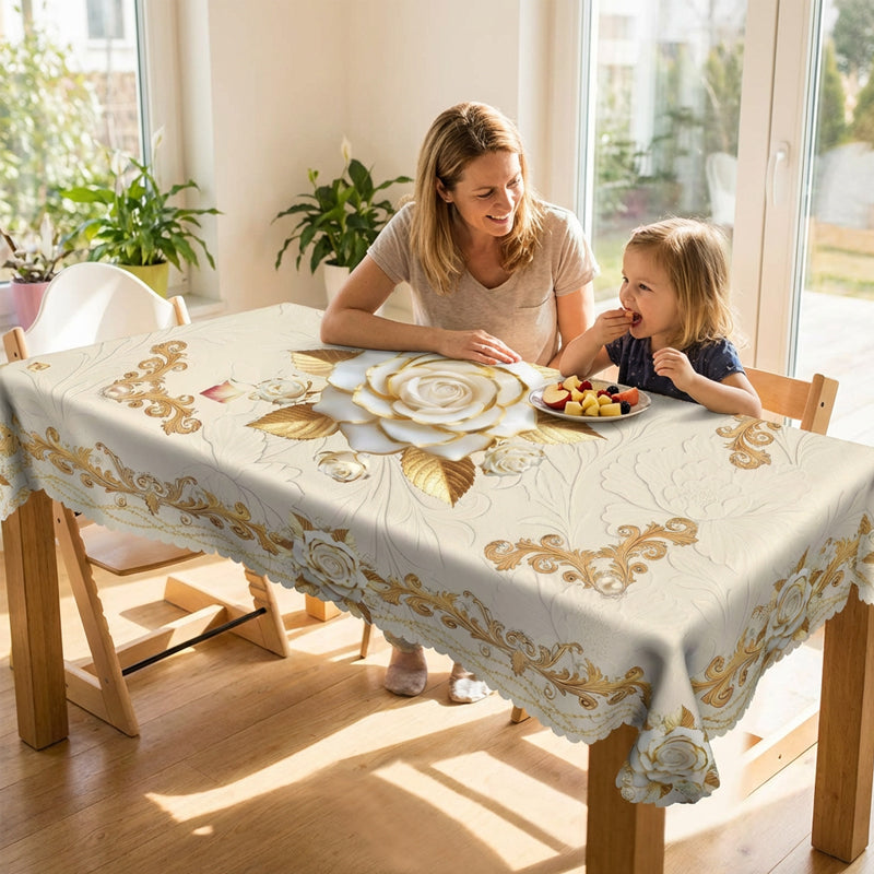 Luxusní evropský ubrus - pozlacené růže, reliéfní vzor, vodotěsný, elegantní dekorace do obývacího pokoje