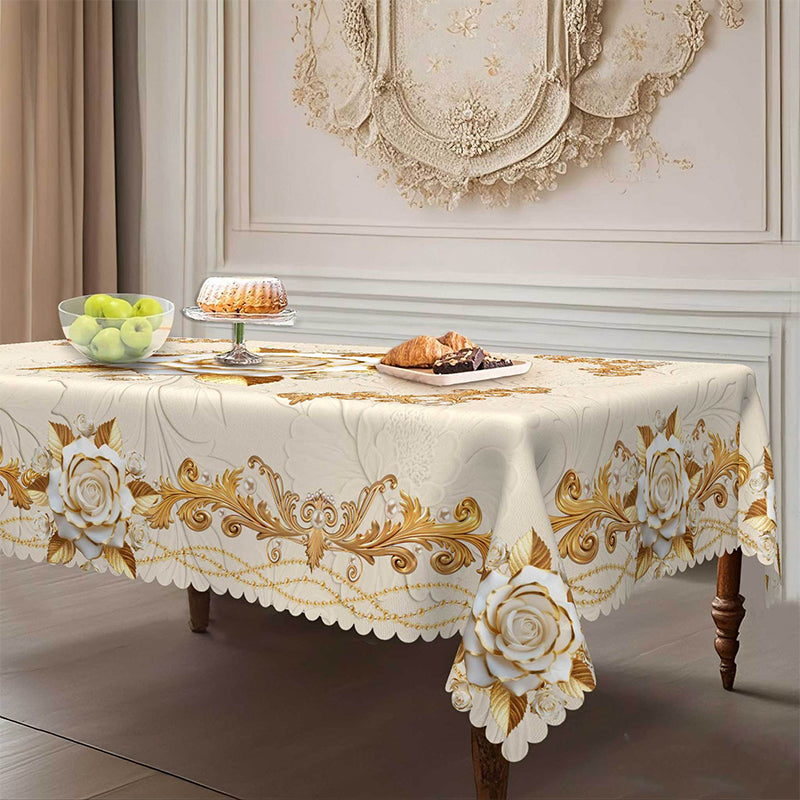 Luxusní evropský ubrus - pozlacené růže, reliéfní vzor, vodotěsný, elegantní dekorace do obývacího pokoje