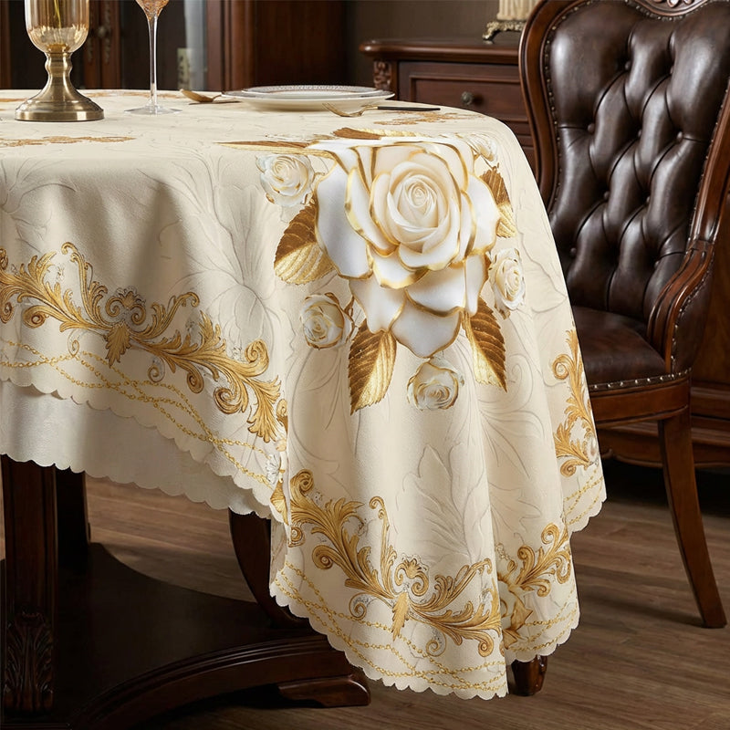 Luxusní evropský ubrus - pozlacené růže, reliéfní vzor, vodotěsný, elegantní dekorace do obývacího pokoje