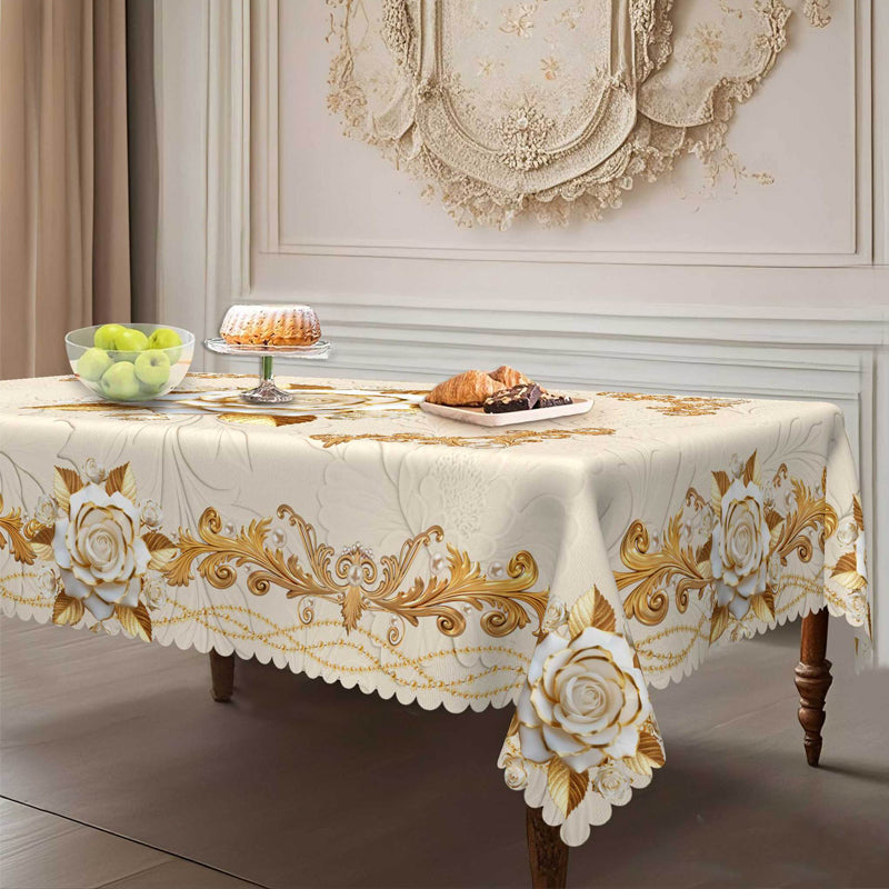 Luxusní evropský ubrus - pozlacené růže, reliéfní vzor, vodotěsný, elegantní dekorace do obývacího pokoje
