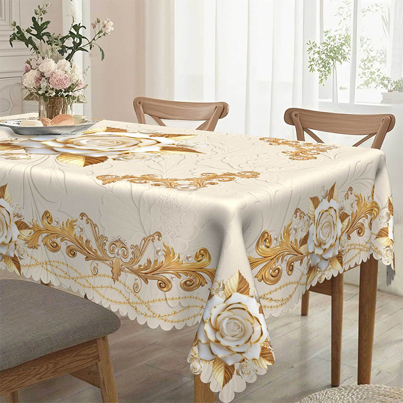 Luxusní evropský ubrus - pozlacené růže, reliéfní vzor, vodotěsný, elegantní dekorace do obývacího pokoje