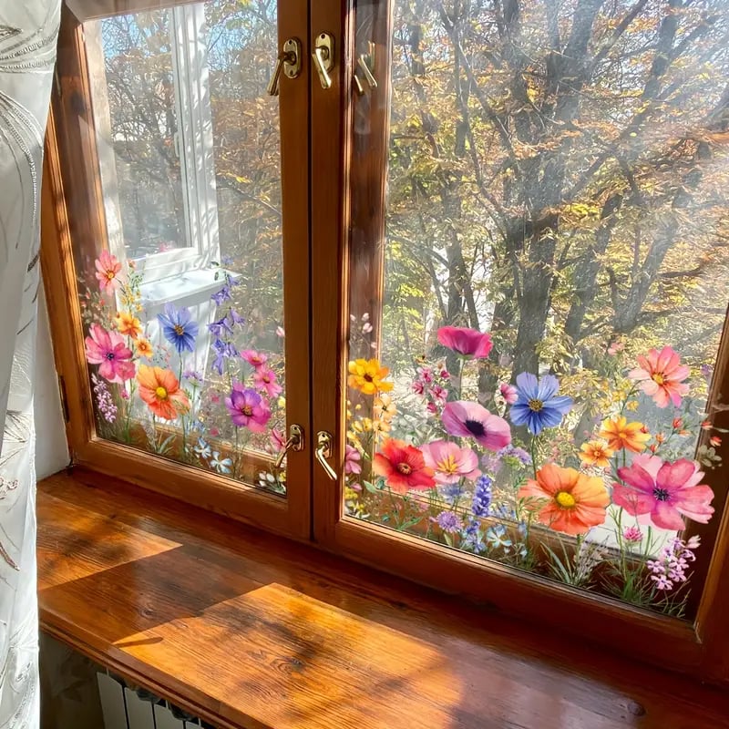 💎 Barevná samolepka na okno s motivem kytice květin - odnímatelná, oboustranná a stříhaná na míru 🏡
