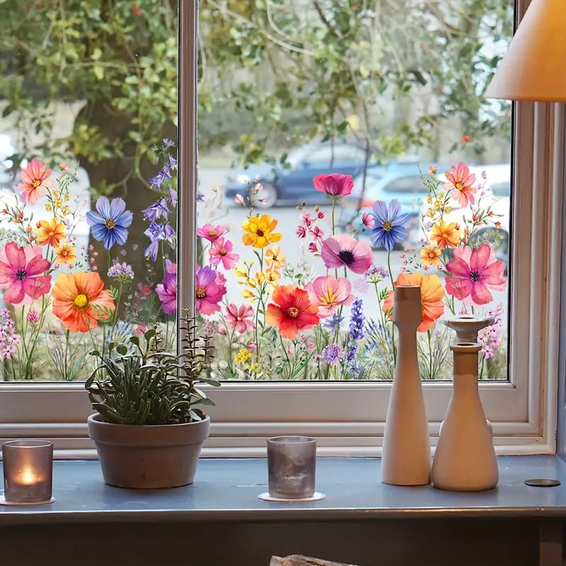 💎 Barevná samolepka na okno s motivem kytice květin - odnímatelná, oboustranná a stříhaná na míru 🏡