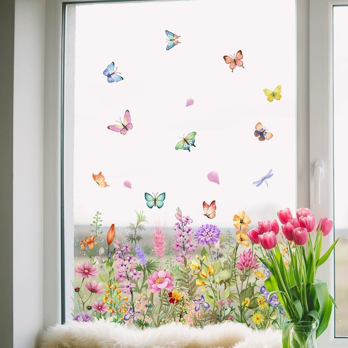 💎 Barevná samolepka na okno s motivem kytice květin - odnímatelná, oboustranná a stříhaná na míru 🏡