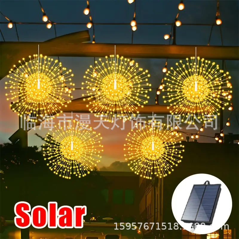 ☀️🎆 Solární světelné řetězy Solar Fireworks – automatické zapínání/vypínání, vodotěsné LED diody pro zahradu, terasu a večírky  🎉✨