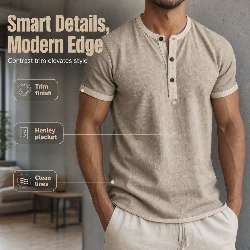 ⌛Limitovaná nabídka – Pánské henley tričko s krátkým rukávem z prodyšného materiálu