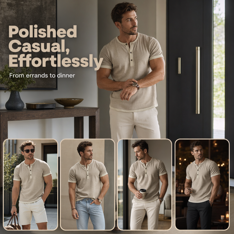 ⌛Limitovaná nabídka – Pánské henley tričko s krátkým rukávem z prodyšného materiálu