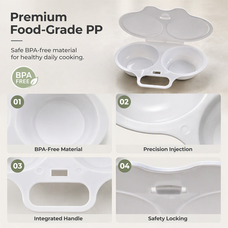 🥚 🛡️ Vařič vajec bez stříkající vody – Potravinářský PP – Dvojitý prostor a vzduchotěsné víko 🌿
